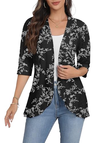 Askyes Lightweight Summer Cardigan for Women Spring 2026 Half Sleeve Kimono Cover Ups Cardigans,White Carvings Black,L