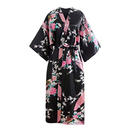 IQYU Bademantel Damen Bunt Blumen-Morgenmantel Leicht Kimono Satin Lang Saunamantel Leichter Große Größen Kimono Roben Langarm Bademäntel V-Ausschnitt Winter Nachtwäsche Nachthemd Loungewear