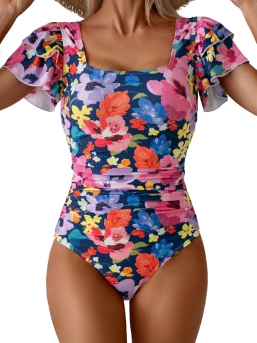 Image of Eomenie Women's Tummy Control One Piece Swimsuit Ruffle Square Neck Bathing Suit Ruched Cutout Back Slimming Swimwear