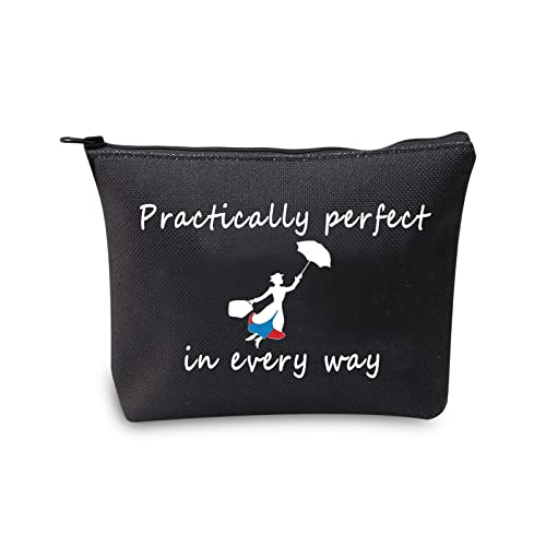JXGZSO Bolsa de maquiagem Mary Quote Bolsa com zíper praticamente perfeita em todos os sentidos presente inspirado no filme, racticamente perfeita em todos os sentidos, preta, Raticamente perfeito em