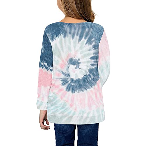 Girls Tie Dyed Tunic Tops Kids Long Sleeve Knot Front Button Casual Loose Pullover Blouse T-Shirt Tee(Blue,8-9 Years), Blue3