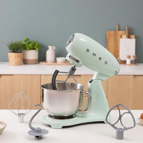 Image of SMEG SMF05 Forte 5-Qt Stand Mixer with 750W Motor, Smooth Start & SteadyMix, Flex Edge Beater, 10 Speeds, Stainless Steel Bowl - Retro 50's Style Planetary Mixer for Dough, Baking & Desserts-Green