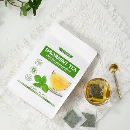 Premium 60 Spearmint Tea Bags, Made with 100% Pure Natural Spearmint Leaves, Caffeine Free & No Additives.