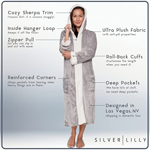 Silver Lilly Womens Robe Zip Up Sherpa Trim With Hood - Long Plush Soft Luxury Bathrobe (Slate Gray, 2X-Large/3X-Large) #TOP4