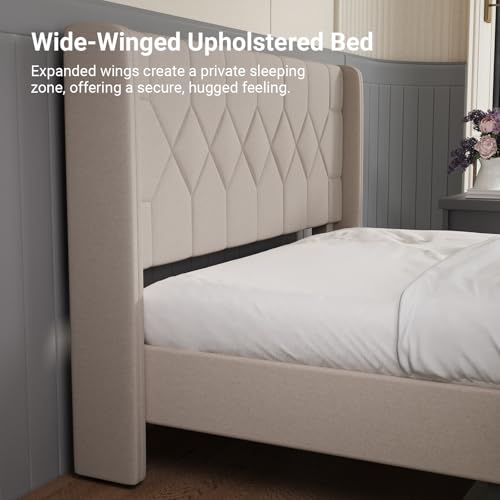 Avenco Full Size Bed Frame, Upholstered Winged Headboard Platform Bed, Easy Tool-Free Assembly & Under Bed Storage, Beige by Avenco - Used condition - Image 3