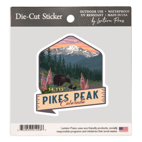 Lantern Press Small Sticker Pikes Peak, Colorado, Bear and Spring Flowers,