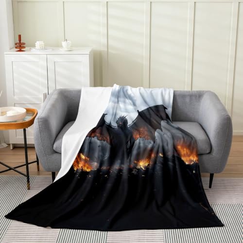 Castle Fairy Fire Dragon Flannel Throw Blanket Burning City Bed Sofa Couch Partner Dark Fantasy Living Room Decor Lightweight Fleece Blanket Room Decor 90"x90"Orange Black