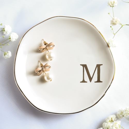 Yoqanr Ceramic Jewelry Tray Ring Dish Personalized M-Monogrammed Engagement Wedding Gifts, for Birthday Mother's Day for Women, Ceramic White 4.75" (M)