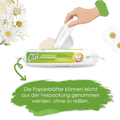 OLA Feuchtes Toilettenpapier – (1x40 Stück) Feuchttücher – Kamillenextrakt & Milchsäure, spülbar, empfindliche Haut – 40 Stück