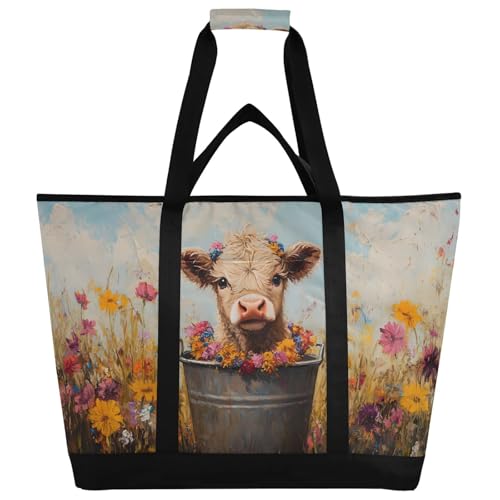 Cow Cute Art Colors Large Insulated Tote Bag for Grocery Shopping Reusable Tote Bags for Women Men, Cooler Bag with Zippered Top & Handles for Beach Picnic Travel