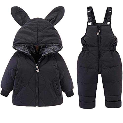 Baby Boys Girls Kids Hooded Ears Cartoon Down Jacket Coat and Ski Bib Pants Snowsuit Winter Outfit Sets 2-3 Years Black