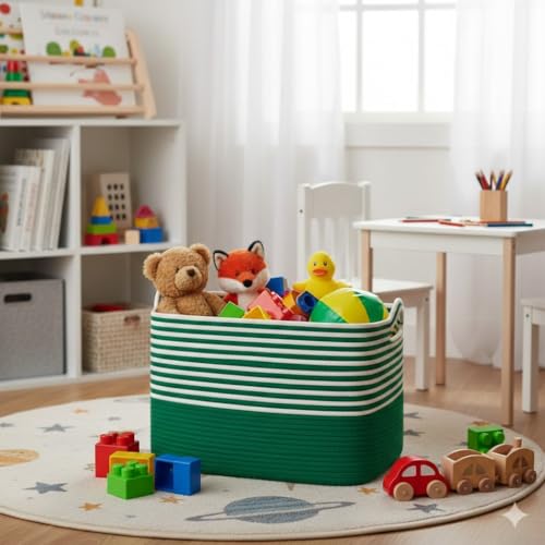 Image of Large Storage Basket, Woven Blanket Basket, Toy Basket with Handle, Laundry Hamper for Living Room, Nursery, Bedroom- 20x15x12 (LXWXH) (green mix)