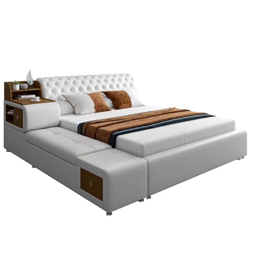 HONGYISHI White Modern Queen Bed Genuine Leather Queen Size Platform Bed Frame Storage Bed with Heavy Duty Wooden Slat Support Noise-Free
