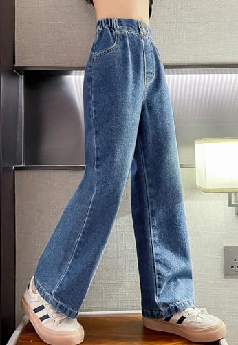 Girls Baggy Wide Leg Jeans Elastic Waist Casual Washed Denim Pants Age 5-143