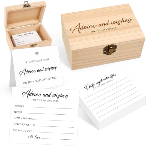 Advice And Wishes for The Mr And Mrs - 50 Pcs Minimalism Wedding Advice Cards with Wooden Box White Groom And Bride Shower Advice Cards for Bridal Shower Wedding Party Game Decorations Supplies