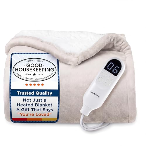 Bedsure Heated Blanket Throw Blanket with Preheat Function - Fast Heating Electric Blanket, Soft Flannel Throw with 6 Time Settings(Up to 10H), 6 Heating Settings, Gifts for Grandma (50"x60", Cream)