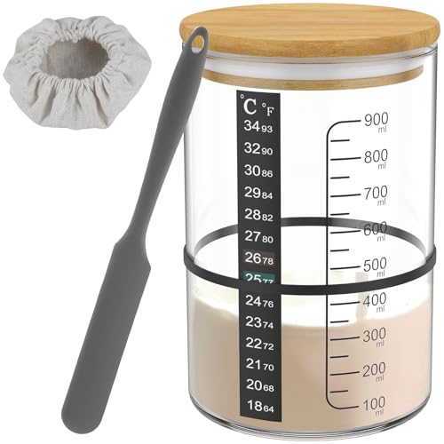 ZLHETWT 7Pcs Glass Sourdough Starter Jar Kit with Scale Thermometer Paper Temperature with Wooden Lid Cloth Cover Resistant Sourdough Starter Container Fermentation 900ml