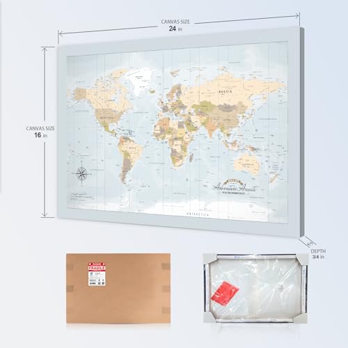 Image of IPIC - Blue Ocean World Map Pin Board Canvas Wall Art, Travel Map with Pins Included, Ready to Hang for Home or Office 24x16 Inch