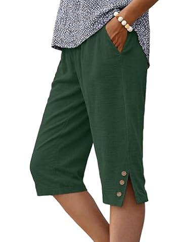 IWOLLENCE Szorty damskie do kolan z kieszeniami Culottes Letnie Spodenki Capri na rozcięcie na końcach z dekoracyjnymi drewnianymi guzikami Lekkie i oddychające elastyczny pas w talii, ciemnozielony