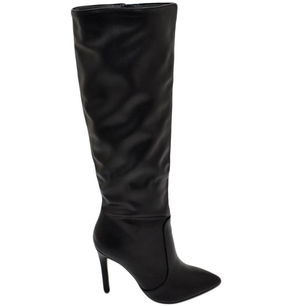 Stivali Alti Donna al Ginocchio in Pelle Nero a Punta Tacco a Spillo 12 cm Zip Lunga Aderente Moda Linea Basic