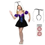 2 Pcs Halloween Marionette Doll Costume Accessories Include Headband with Puppet Strings Puppet Red Spirals Cheek Tattoo for Horror Cosplay Dress up Masquerade Party Stage Performance Comic Con