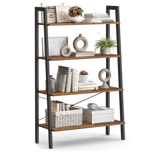 VASAGLE Ladder Shelf, 4-Tier Bookshelf, Storage Rack, Bookcase with Steel Frame, for Living Room, Home Office, Kitchen, Bedroom, Industrial Style, Rustic Brown and Ink Black ULLS144B01
