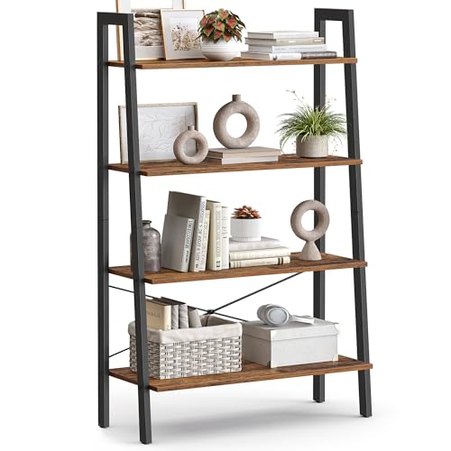 Image of VASAGLE BARNET Collection - Ladder Shelf, Bookshelf, Storage Rack, Modern Bookcase for Living Room Home Office Kitchen, Steel Frame, 4-Tier, 31.5-Inch Wide, Rustic Brown and Ink Black ULLS144B01