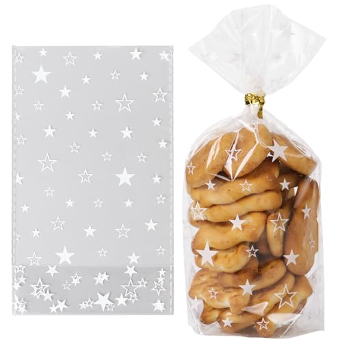 BETESSIN Geschenktüten Weihnachten - 100 Stück 9.5x16cm Cellophantüten Transparent mit weißen Stern Motiv - Plastiktüten mit Bindedraht - Weihnachtstüten für Süßigkeiten, Kekse & Plätzchen