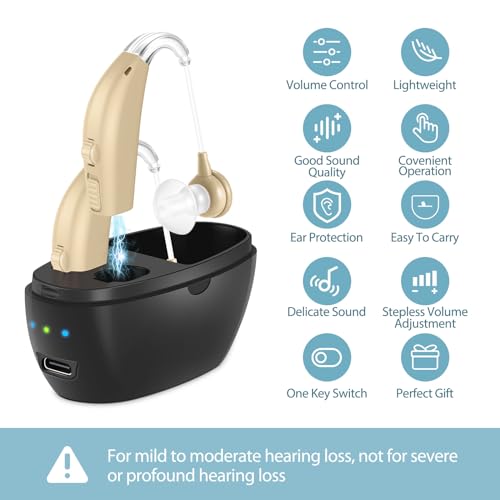 Hearing Aids for Seniors,Rechargeable Hearing Amplifier with Noise Cancelling,Adjustable Volume Control,One Pair Hearing Assist Devices with Charging Box,Black