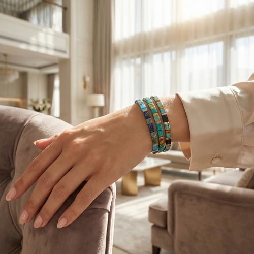 Tyebiva Tila Flat Beaded Bracelets Set for Women, 4Pcs Trendy Handmade Miyuki Glass Black Green Blue Colorful Stack Beads Stretch Bracelet Festive Holiday Accessories Jewelry Gift by Tyebiva - Used condition - Image 3
