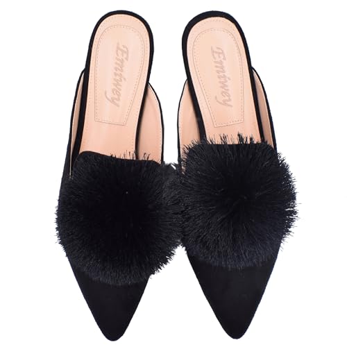 Emiwey Women's Backless Comfort Slip On Loafers Flats Cute Pom Pom Mule Slippers Casual Shoes Black 9 M US