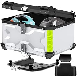 LESANM Baul Moto, 65L Baúl de Aluminio Impermeable para Moto. Maleta Moto para Almacenamiento Casco. Caja de Motocicleta con Cerradura de Seguridad/Respaldo y Placa de Montaje - Plateado