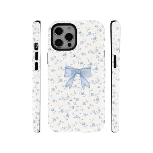 qizjio Coquette Blue Bow Floral Pattern Phone Case, Shockproof Protective Cover for iPhone 12 Pro Max
