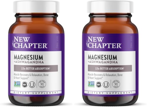 New Chapter Magnesium + Ashwagandha Supplement, 325 mg with Magnesium Glycinate for Muscle Relaxation & Recovery, Heart, Nerve & Bone Health, 2.5X Absorption,Non-GMO-90 ct (3 Month Supply),(Pack of 2)