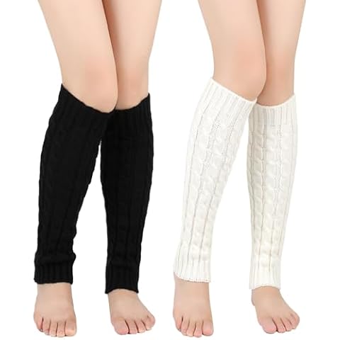 JIANWEI 2pairs Leg Warmers for Women, Knit Long Socks Leg Warmers, Breathable Soft 80s Sports Party Yoga Accessories Winter Ankle Heap Sock Long Leg Cover Stockings Party(black+white) Cover