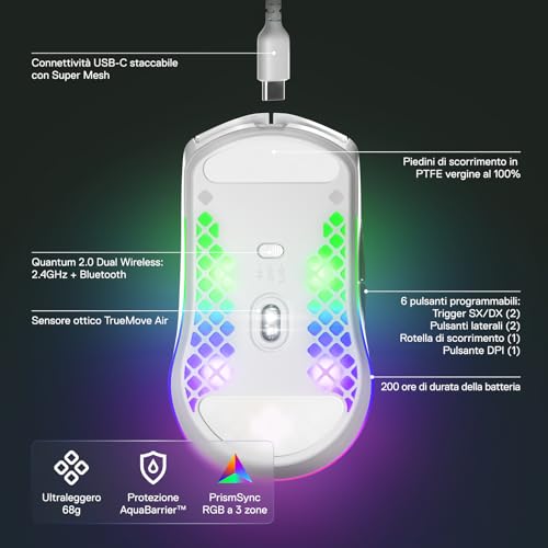 SteelSeries Aerox 3 Wireless - Mouse da gioco RGB traforato - Design ultraleggero e resistente all'acqua - Sensore ottico TrueMove Air da 18K DPI - Snow - Immagine 2