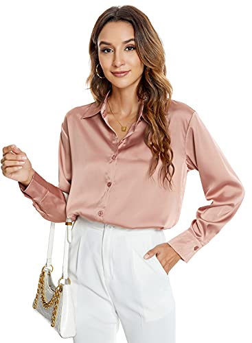 Atnlewhi Womens Long Sleeve Button Down Satin Silk Shirts Casual Business Office Blouse Tops Pink #TOP3
