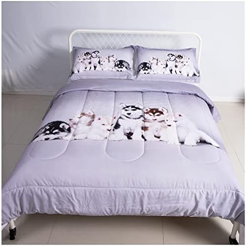 3 Pieces Lovely Siberian Husky Dogs Print 3D Comforter Sets Full Size Bedding for Teen Boys Adult Down Alternative Quilts Lightweight Bedspread Gray Blankets (TPBD-06, Full)