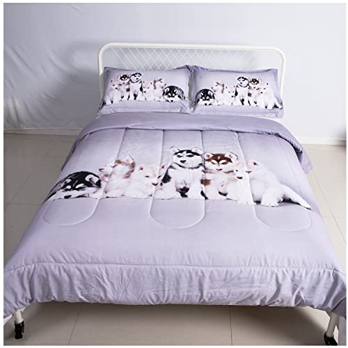 3 Pieces Lovely Siberian Husky Dogs Print 3D Comforter Sets Full Size Bedding For Teen Boys Adult Down Alternative Quilts Lightweight Bedspread Gray Blankets (Tpbd-06, Full) #TOP2