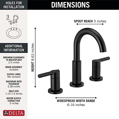 Delta Nicoli Matte Black Bathroom Faucet 3 Hole, 8 Inch Widespread Bathroom Sink Faucet for Vanity, Push-Pop Drain Assembly, Matte Black 35749LF-BL