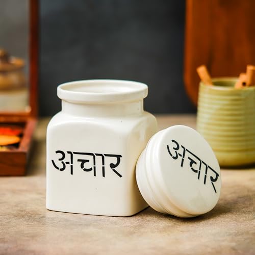 Image of Ceramic Airtight Pickle Jar with Lid for Kitchen Storage 750 ml | Multipurpose Ceramic Barni Container for Achaar, Spices & Snacks | Countertop Food Storage Jar | Barni Jars with Lid | White