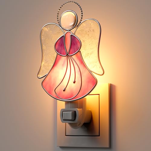 Image of Stained Glass Pink Guardian Angel Night Lights Plug into Wall | Plug in Night Light In Wall Socket Decorative Nightlight for Bedroom Hallway,Mothers Day Gifts for Mom Birthday Christmas
