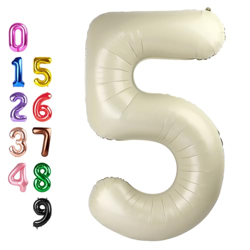 Image of Number Balloons 5 Balloon Cream for 5th Birthday Party Decorations, 40 inch | Saturated Color, Large 40 inch, With Inflation Straw & Hanging Holes, Great for Wedding, Anniversary, Thanksgiving, Christmas