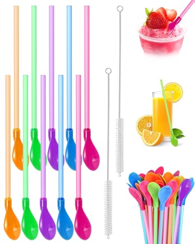 FUGLUS 10Pcs pailles en plastique multicolores, Pailles réutilisables avec 2 brosses à paille conception 2-en-1 avec cuillère pour smoothies, cocktails, milkshakes