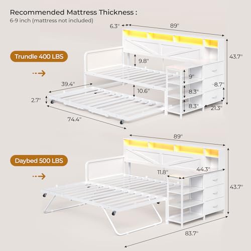 Image of MSmask Daybed with Pop Up Trundle, Twin Day Bed with 3 Storage Drawers and Shelves, Farmhouse Wooden Twin to King Daybed Frame with Charging Station and LED Lights for Bedroom, White