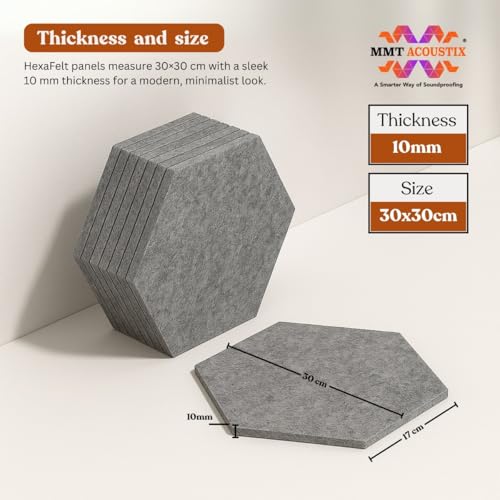 Image of MMT Acoustix HexaFelt Bevelled Acoustic Panels, Luxury Sound Absorbing Felt Wall Panels for Home, Office & Studios | VOC Free, 30x30 cm,| Pack of 7 | Pumice Colour