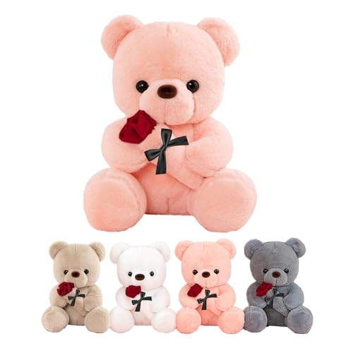 LIHIQIYA Oso de Peluche con Rosa, Regalos Originales para Mujer, 35cm Rosa Oso de Peluche Osito de Peluche Tierno Juguete de Peluche con Rosa Sant Jordi Regalo de Pascua Cumpleaños para Mujer Amiga