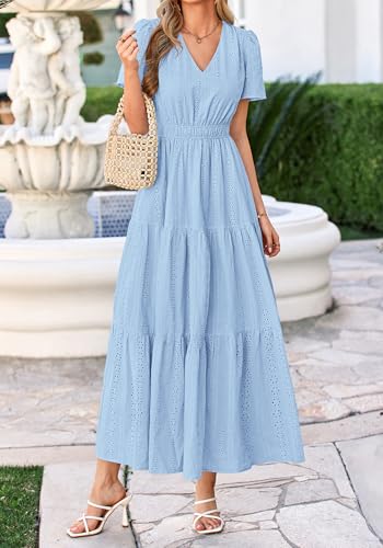 BTFBM Womens Summer Dresses 2026 V Neck Hollow Out Eyelet A Line Flowy Boho Beach Vacation Wedding Guest Maxi Dress(Light Blue, Medium) — view 5