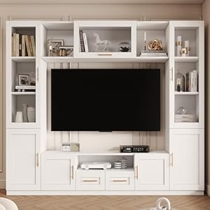 4 piece entertainment wall unit multifunctional tv stand with tempered glass door up flip door shelves large console storage cabinet set for tvs up to 70 white 945 wx146 dx827 h  urban country home decor