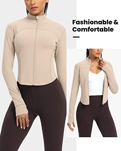 QUEENIEKE Workout Running Jackets for Women Zip Up Athletic Yoga Cropped Tops with Thumb Holes (Almond, S) — view 2
